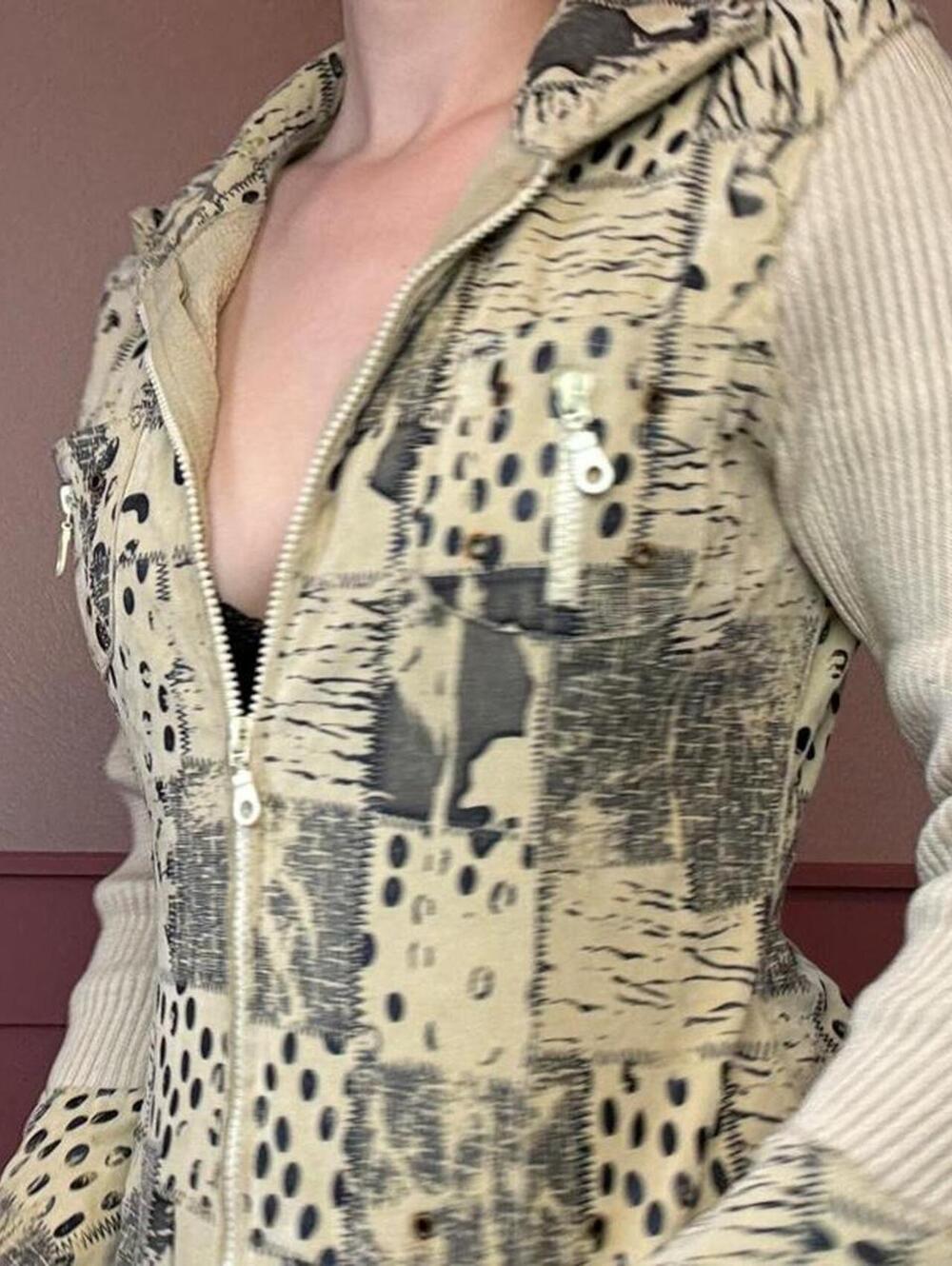 animal patchwork jacket cream black bell sleeves early 2000s vintage y2k - Picture 2 of 8